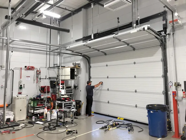 Tallmadge Garage Door Repair certified technician performing commercial door repair at a Tallmadge business facility