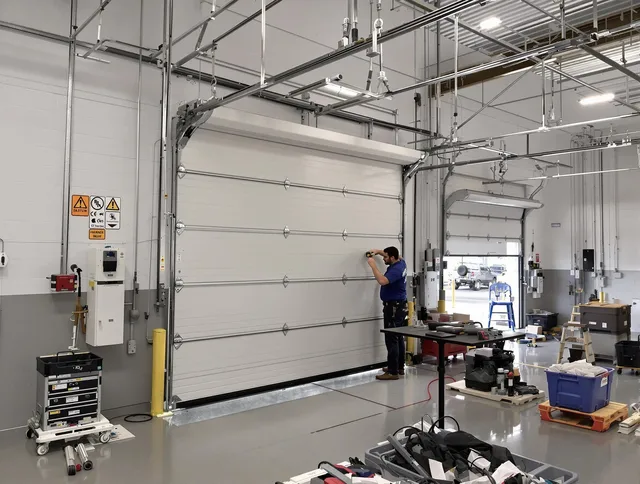 Commercial garage door repair being performed by Tallmadge Garage Door Repair expert in Tallmadge