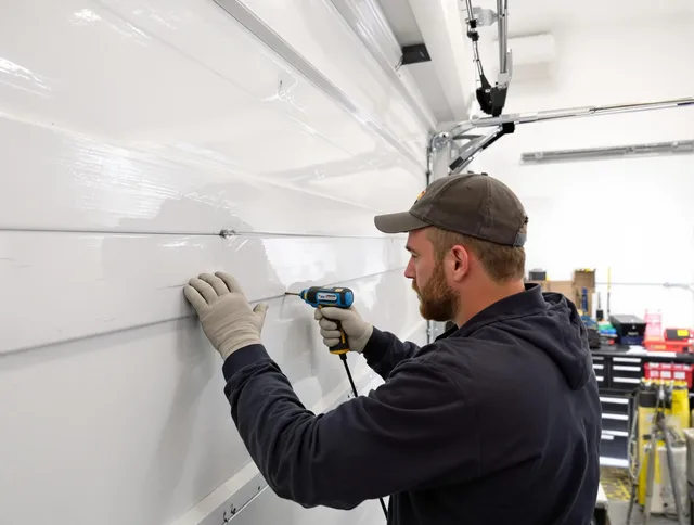 Tallmadge Garage Door Repair technician demonstrating precision dent removal techniques on a Tallmadge garage door