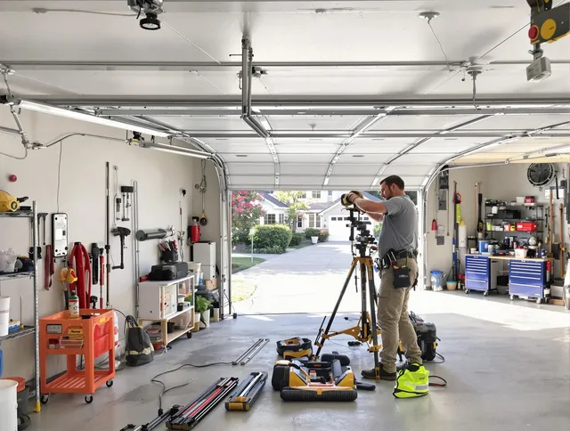 Tallmadge Garage Door Repair specialist performing laser-guided track alignment in Tallmadge